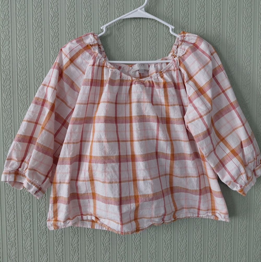 LOFT Women Petite Small Bubble Blouse Plaid Blouse in Pink and Orange Casual